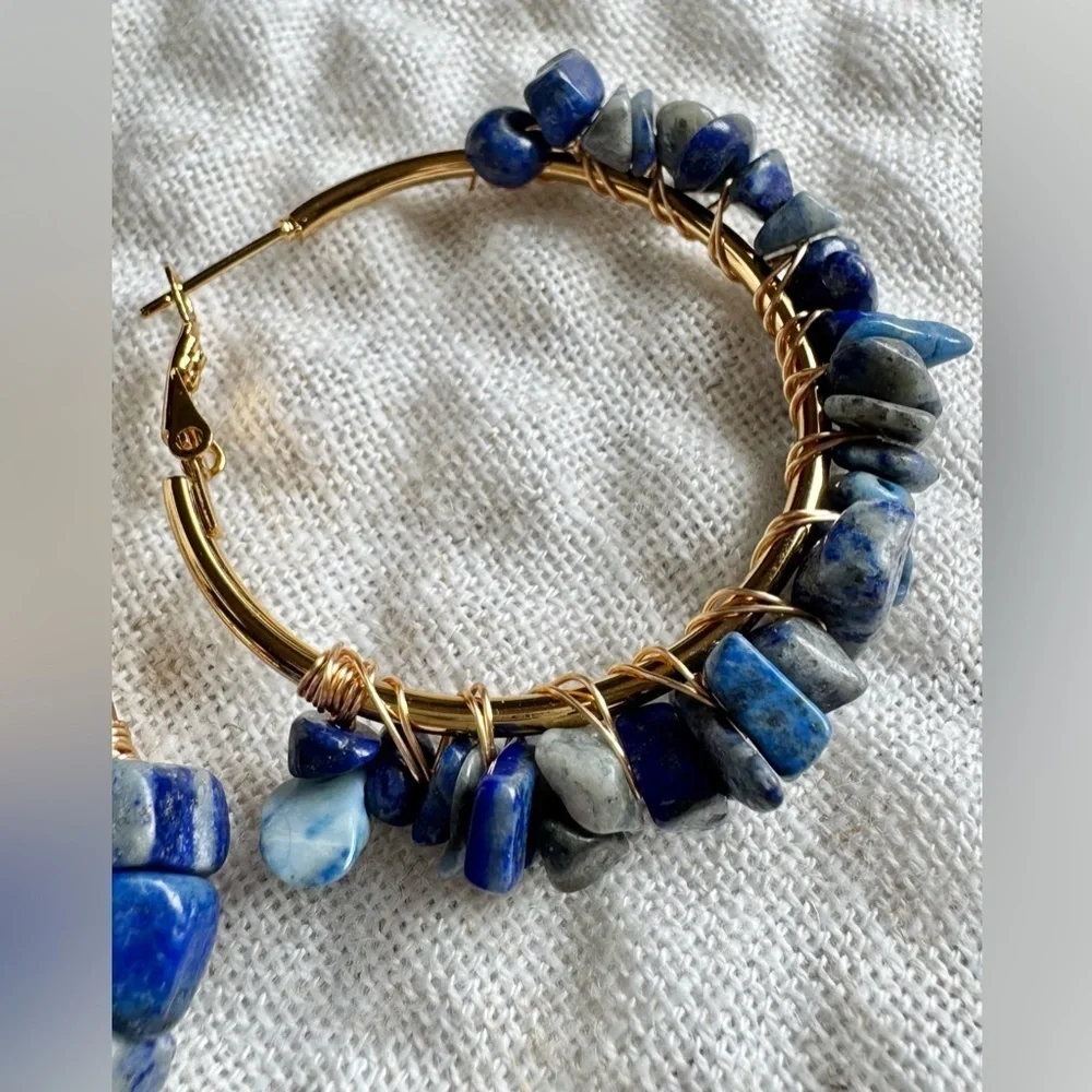 New Natural Blue Sodalite Stone Wire Wrapped Gold Tone Hoop Earrings - 2”